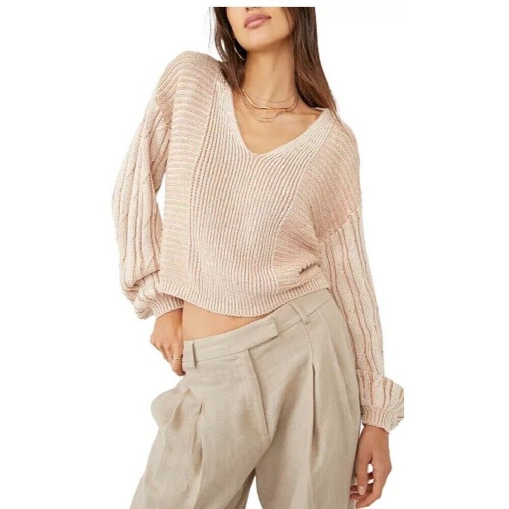 Free People When It‎ Rains Sweater Women’s Large Toast V-Neck Cropped Fisherman